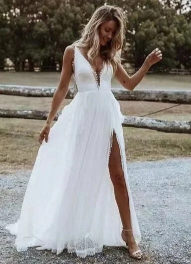 V Neck Wedding Dresses Bridal Gown Tulle Slit Side