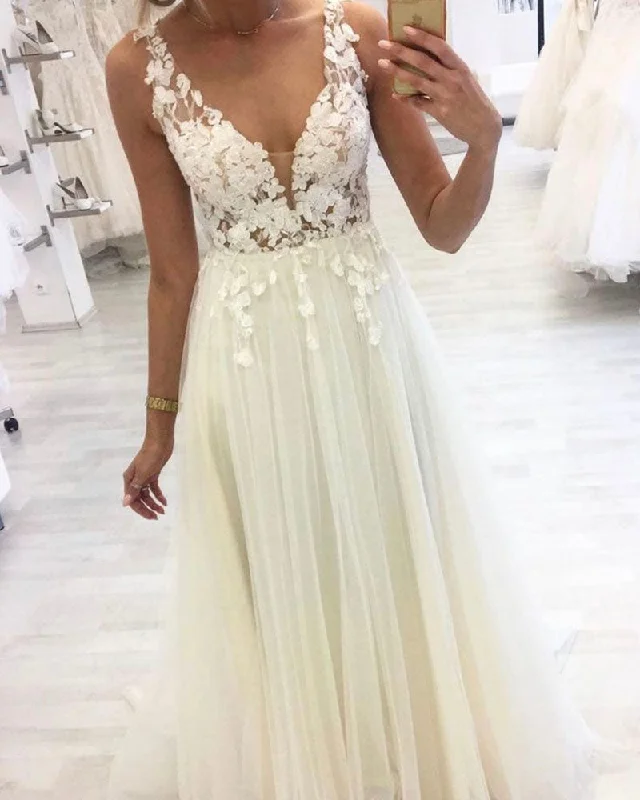 V Neck Wedding Dresses Bridal Gown with Lace