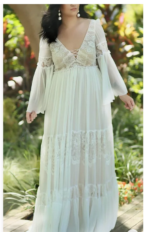 V Neck Wedding Dresses Bridal Gown with Long Sleeves