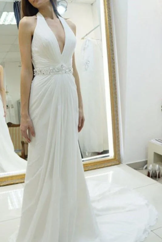 A-line Halter Chiffon Backless Court Train Beach Wedding Dress