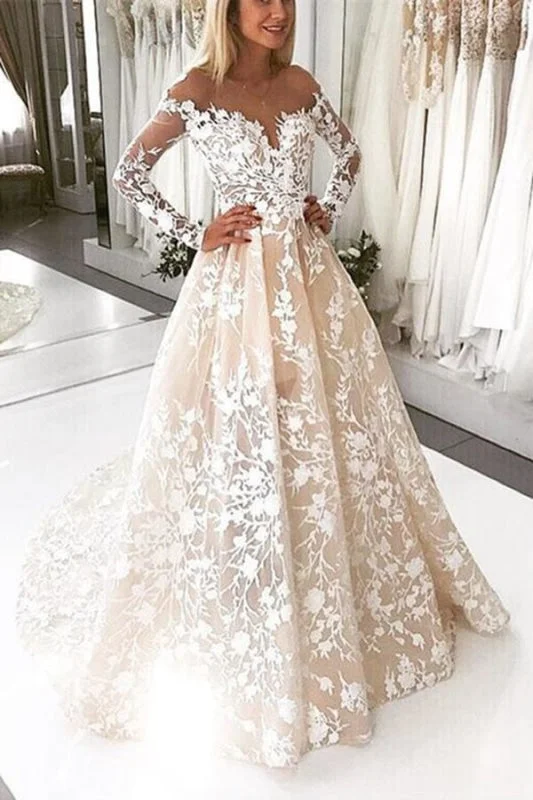 A Line Lace Tulle Open Back Long Sleeves Wedding Dress