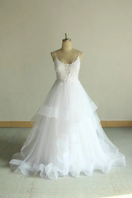 Bridelily Chic Strap Spaghetti Appliques Tulle Wedding Dress