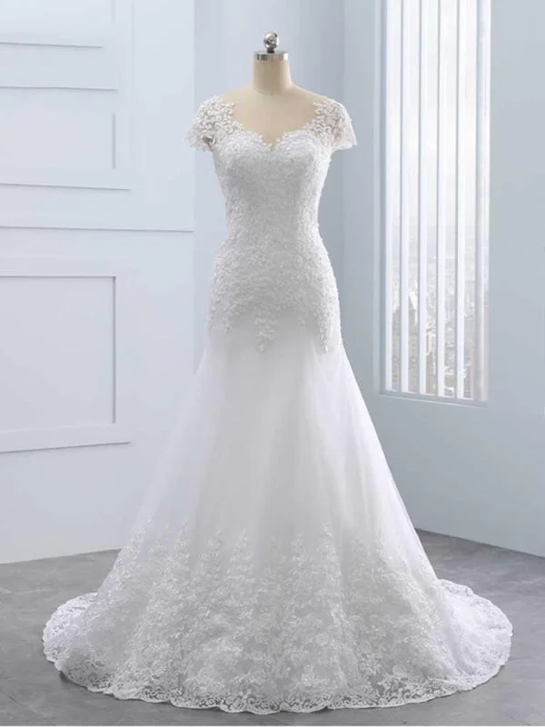 Cap Sleeves Lace Mermaid Tulle Wedding Dresses