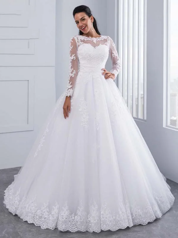 Elegant Long Sleeves Lace Appliques Ball Gown Wedding Dresses