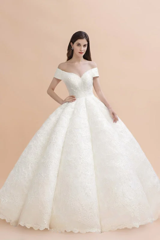 Gergrous Off The Shoulder Lace Beads Ball Gown Wedding Dress