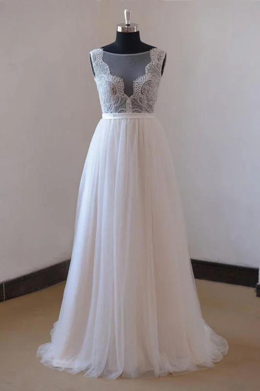 Bridelily Chic Lace Floor Length Tulle A-line Wedding Dress