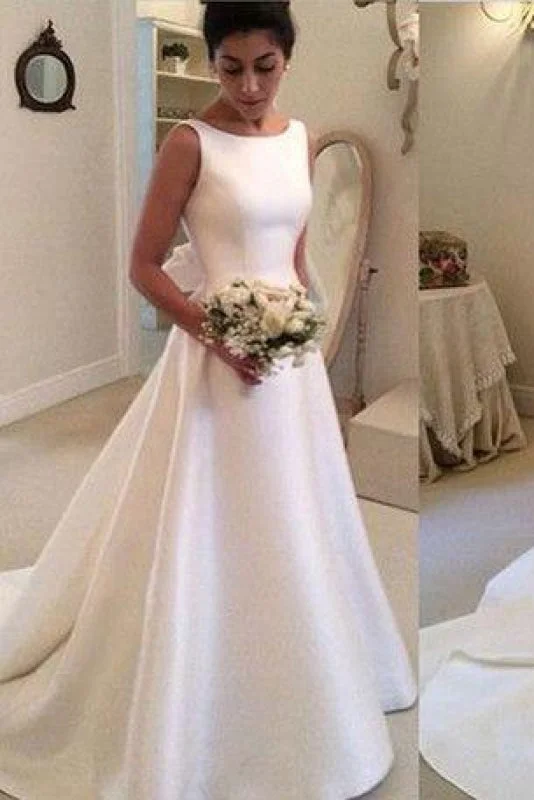 Classic Satin A Line Long Backless Wedding Dress