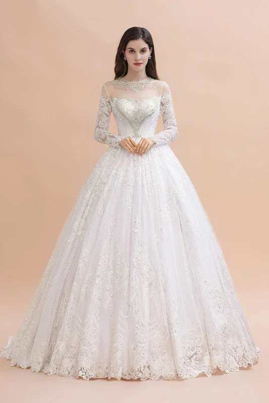 Elegant Long Sleeve Ctystal Beaded Lace Ball Gown Wedding Dress