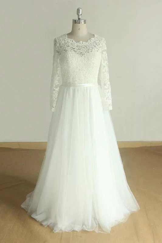 Bridelily Elegant Long Sleeve Lace Tulle A-line Wedding Dress