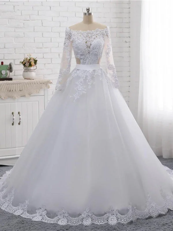 Elegant Long Sleeves Lace Covered Button Ball Gown Wedding Dresses