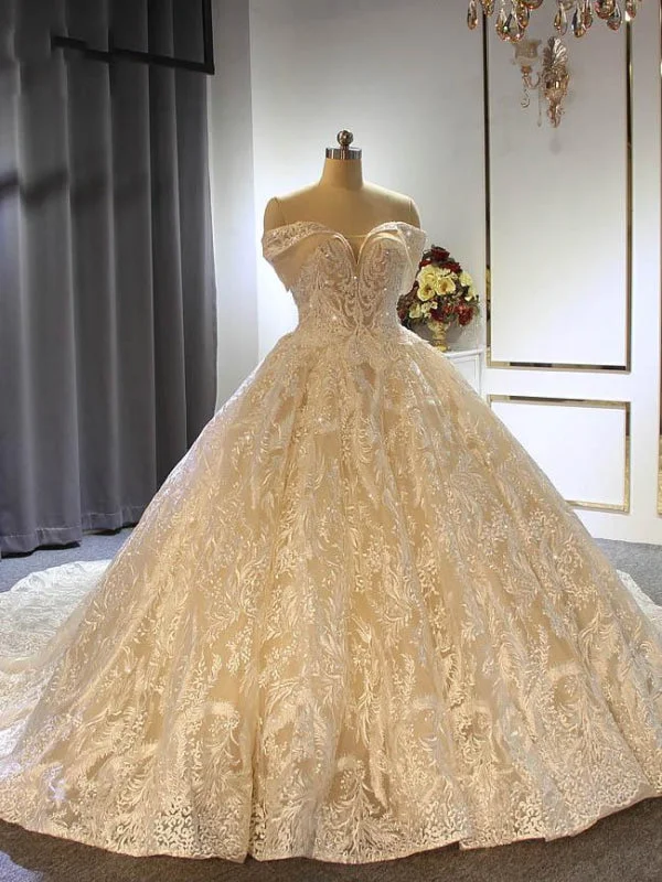 Elegant Off the shoulder Lace-Up Ball Gown Wedding Dresses with Train