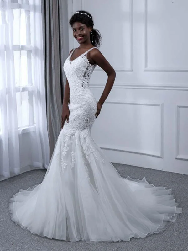 Elegant V-Neck Lace Tulle Mermaid Wedding Dresses