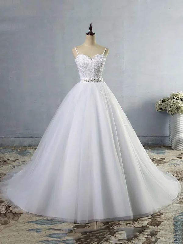 Elegant Spaghetti-Strap Lace Sashes Tulle Wedding Dresses