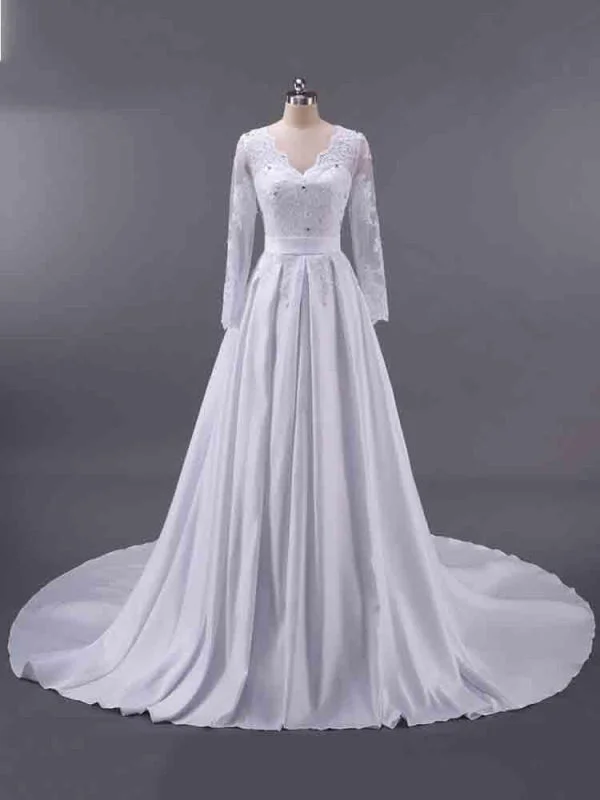 Elegant V-Neck Long Sleeves Lace Ruffles Wedding Dresses