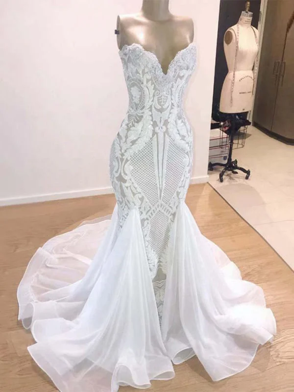 Elegant V-neck Lace Ruffles Wedding Dresses