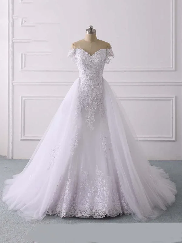 Glamorous Off-the-Shoulder Lace Tulle Mermaid Wedding Dresses