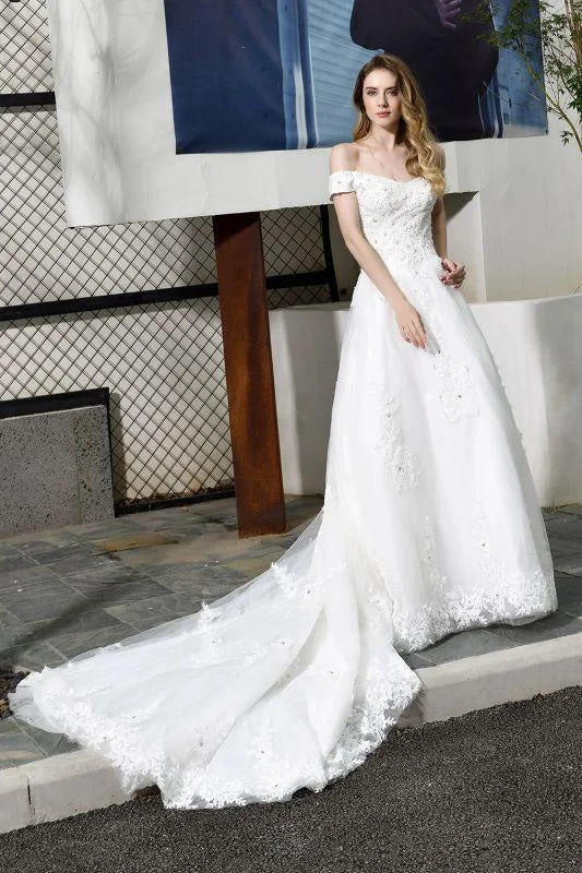 Bridelily Gorgeous A-Line Lace Off Shoulder Wedding Dress