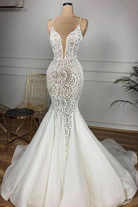 Bridelily Gorgeous Beaded Lace Organza Mermaid Wedding Dress