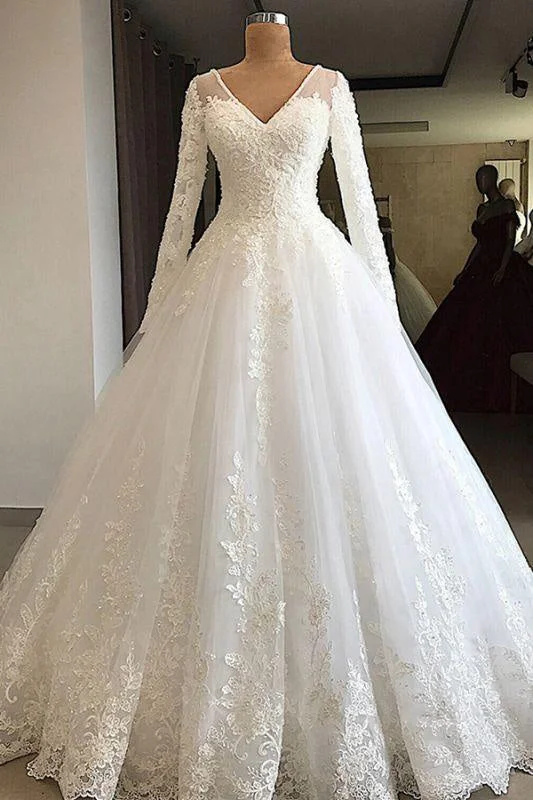 Bridelily Gorgeous Long Sleeve Appliques Tulle Wedding Dress