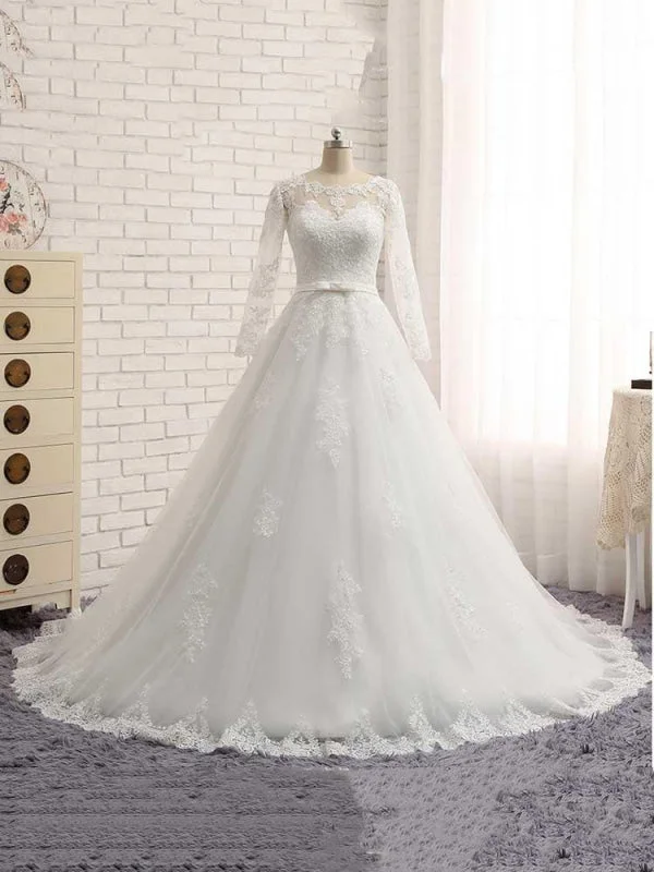 Gorgeous Long Sleeves Lace Ribbon Tulle Wedding Dresses