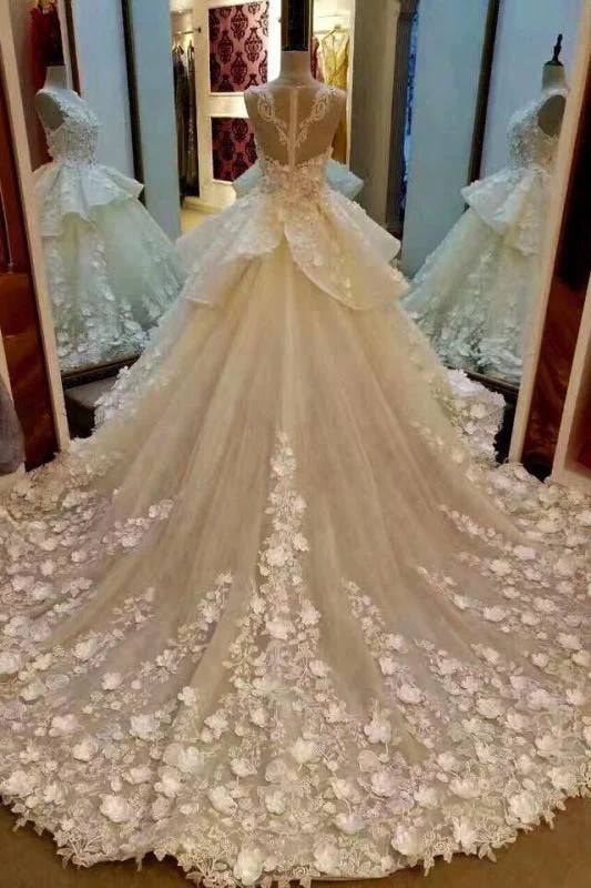 Gorgeous Sleeveless Ball Gown Appliques Flowers Court Train Wedding Dress