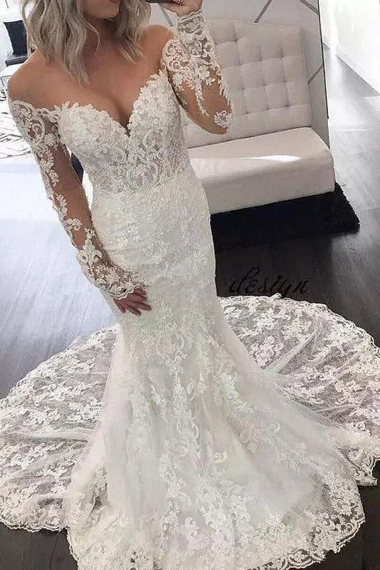 Illusion Sleeve Lace Mermaid Gorgeous Long Wedding Dress