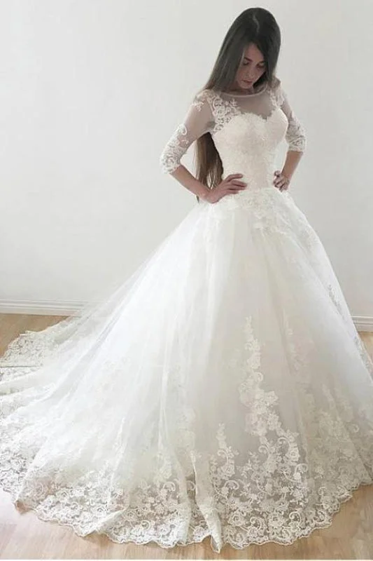 Ivory Puffy Half Sleeves Long Vintage Tulle Bateau Appliques Wedding Dress