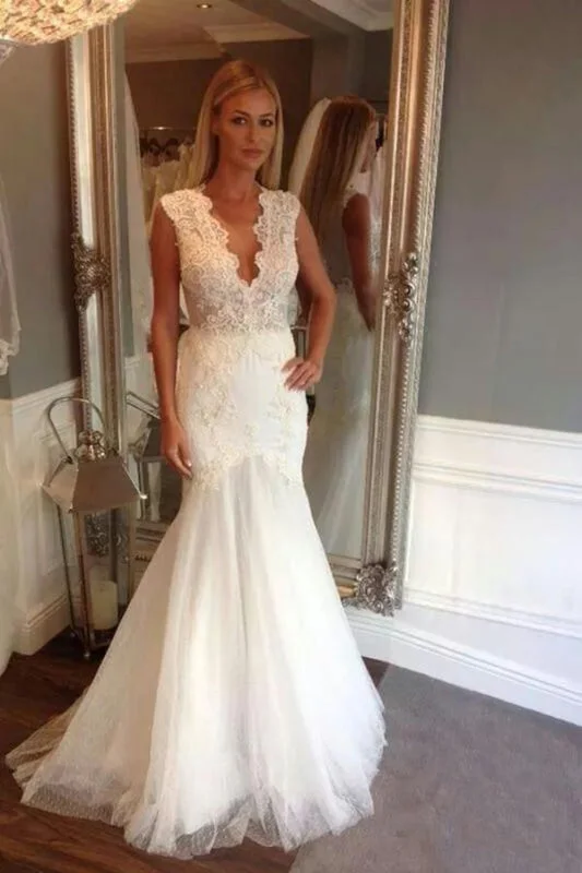 Ivory V Neck Sleeveless Mermaid Long Tulle Wedding Dress