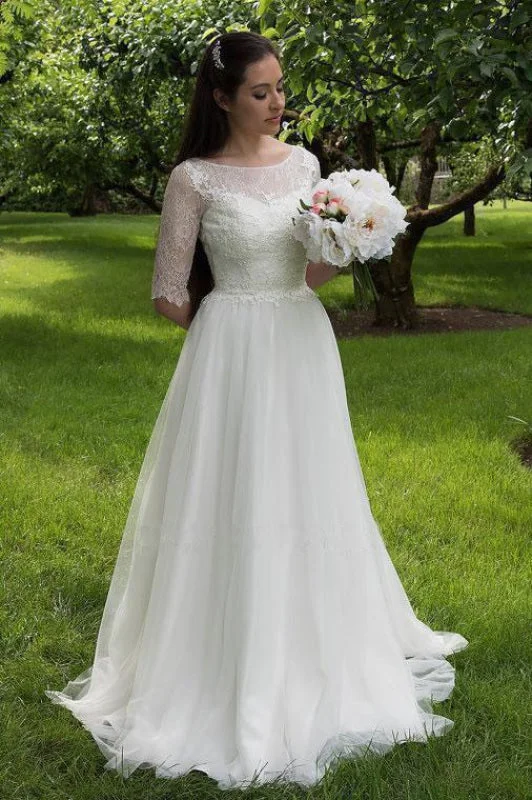 Lace Bodice Dress with Half Sleeves A Line Tulle Cheap Wedding Dresss