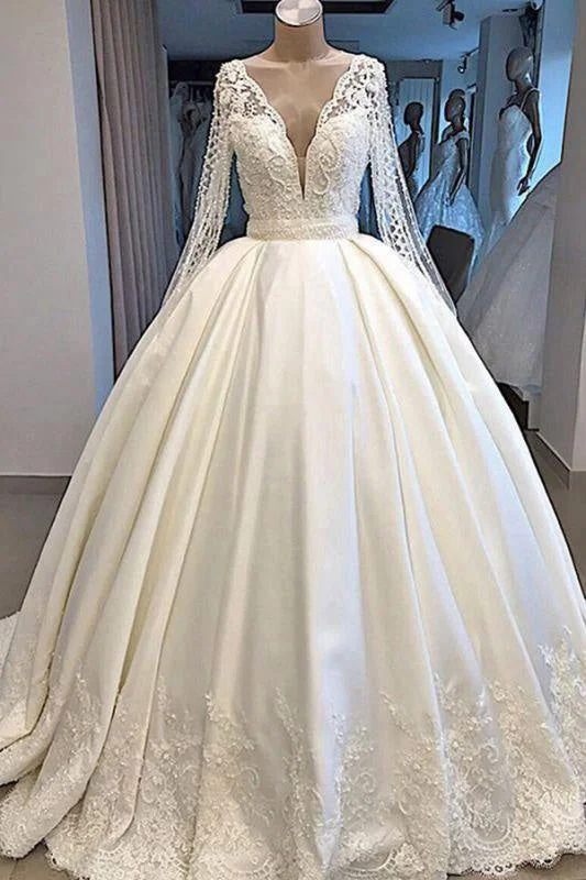 Bridelily Long Sleeve V-neck Ball Gown Satin Wedding Dress