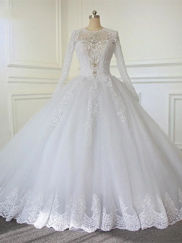 Luxury Long Sleeves CryBall Gown Wedding Dress with Train