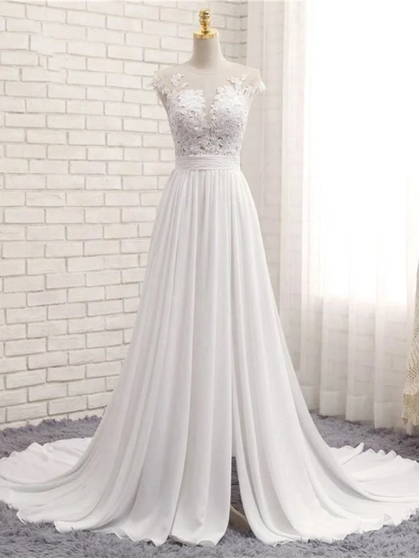 Modest V-neck Lace Split Covered Button Wedding Dresses