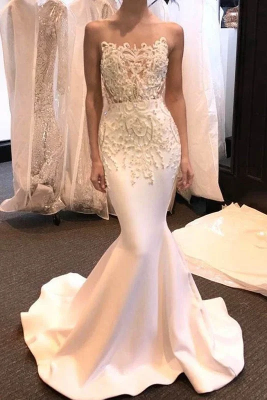 New-Arrival Sheer Neck Sleeveless Sweep Train Satin Mermaid Wedding Dress