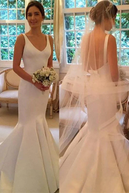 Newest Mermaid V-neck Sleeveless Simple Backless Wedding Dress