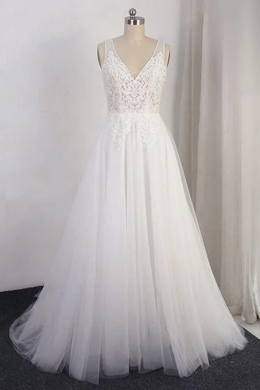 Bridelily Open Back Appliques Tulle A-line Wedding Dress