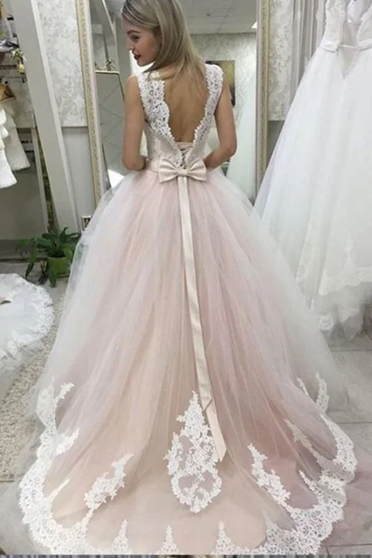 Pale Pink Court Train with Lace Appliques Sleeveless Wedding Dress