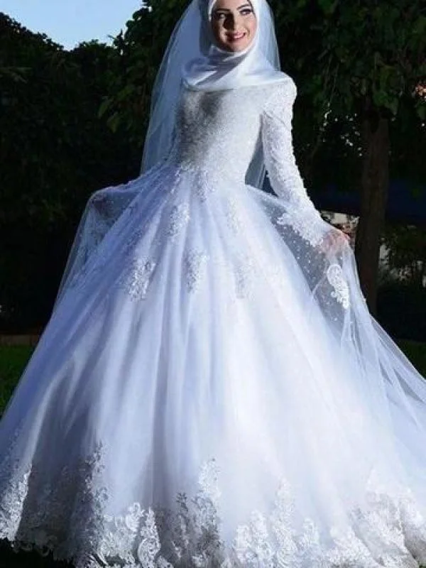 Popular Long Sleeve Lace Applique Sheer Tulle A-line Wedding Dresses