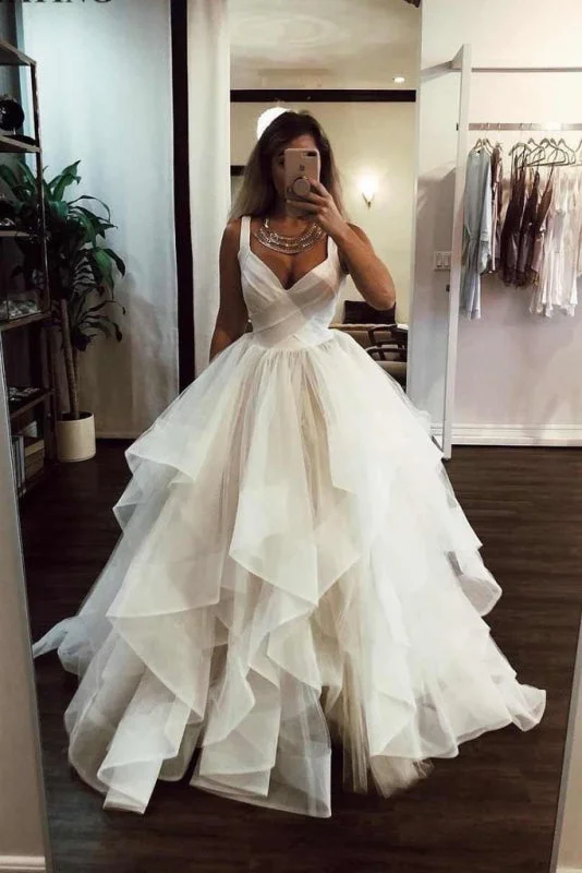 Puffy Straps Long Beach Unique Cascading Ruffles Wedding Dress