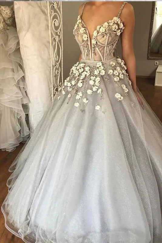 Sexy Straps Ball Gown Appliqued Deep V-neck Wedding Dress