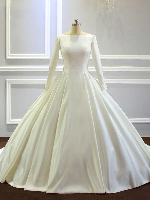 Simple Long Sleeves Satin Wedding Dresses with Train