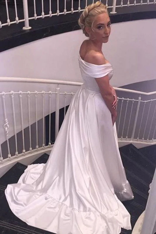 Simple Satin Off-the-shoulder Sexy Sweep Train Beach Wedding Dress