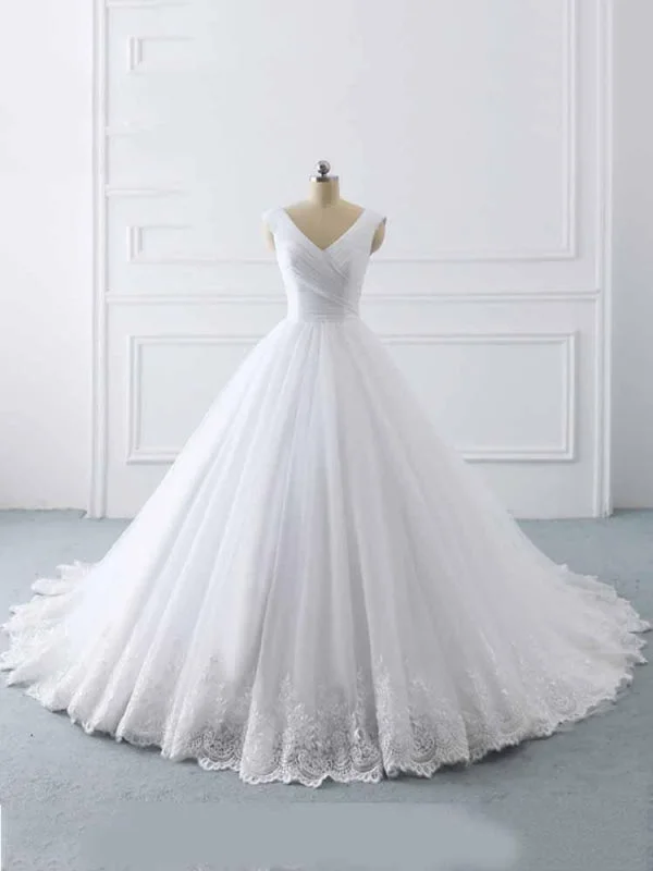 Simple V-Neck Lace-Up Ruffles Ball Gown Wedding Dresses