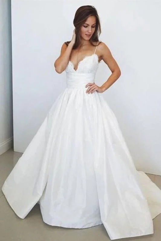 Spaghetti Straps White V Neck Sleeveless Satin Beach Wedding Dress