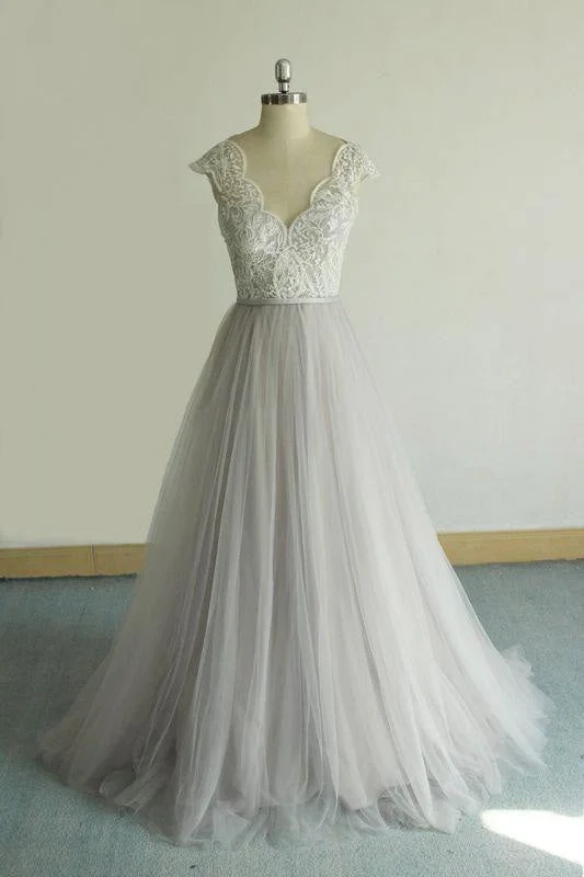 Bridelily V-neck Cap Sleeve Lace Tulle Wedding Dress