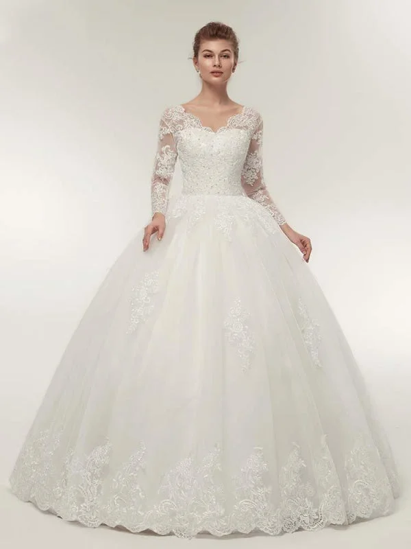 Long Sleeves V-Neck Ball Gown Lace Wedding Dresses